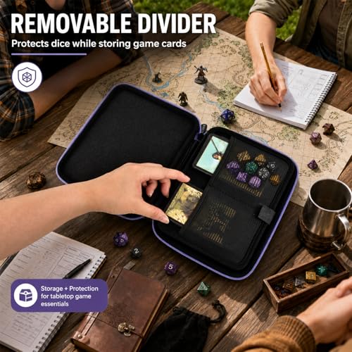 Hard DND Dice Case for 5 Polyhedral Dice Sets, Case Only | Hard shell dice case, holds 5 polyhedral sets, with removable divider and dual mesh pockets for DND/RPG game nights - color: Purple