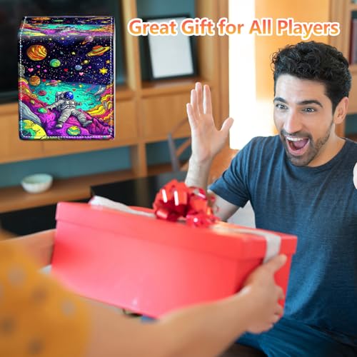 Card Deck Box, Card Storage Box Fits 100+ Single Sleeved Cards, Large Capacity PU Leather Card Storage Box with Strong Magnet for Magic Commander TCG/CCG, Floating Planets Astronauts - color: Floating Planets Astronauts