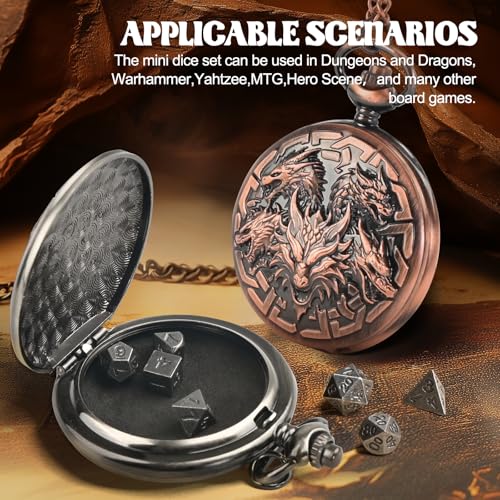 D&D Dice Set,7PCS Metal Dice for Dungeons and Dragons,Mini Dice Set with Pocket Watch Case,Role Playing Board Games Accessories (Dragon, Ancient Silver) - color: Ancient Silver, style: Dragon