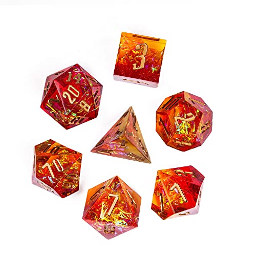 Cusdie Sharp Edges DND Dice, 7 PCs D&D Dice, Handcrafted Polyhedral Dice Set, for Role Playing Game Pathfinder (Red w/Yellow Sparkle) - color: Red W/Yellow Sparkle