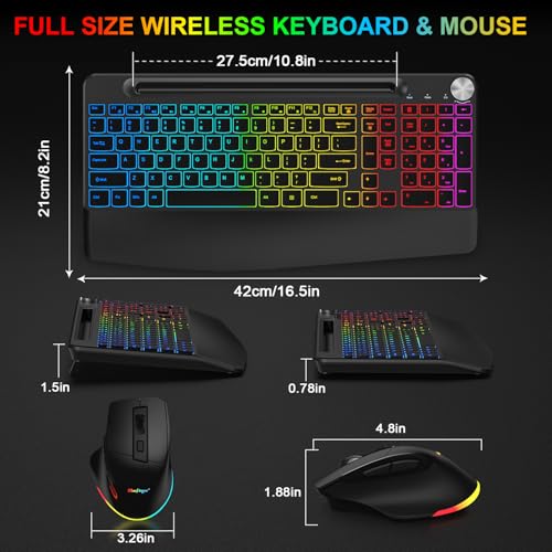 BlueFinger Wireless Keyboard and Mouse Combo Backlit, 2.4G Rechargeable Ergonomic Gaming Keyboard with Wrist Rest, Phone Holder, Volume Knob, Silent Light Up Keyboard with Mouse for Computer Laptop