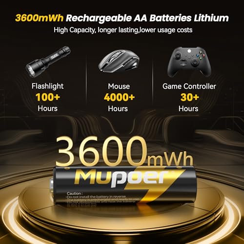 Mupoer Rechargeable AA Lithium Batteries with Charger,3600mWh 12 Pack 1.5V Blink Batteries Lithium AA,Double A Battery Rechargeable,Long Lasting Pilas Recargables Lithium ion AA Battery for Xbox - size: 3600mWh 12AA