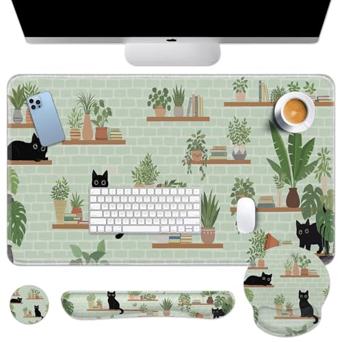 Arttown Keyboard Mouse Pad Set, 4 in 1 Desk Mat Set Cat Plant | Cute Bookshelf Green Large Mousepad+Keyboard Wrist Rest+Mouse Wrist Rest+Coaster Ergonomic Design for Home Office Computer - color: Green Cute Cat