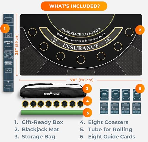 Newverest Blackjack Mat 70" x 35", Blackjack Table Top for Home Game Nights with Friends | Black Jack Casino Table Topper, Poker Mat Layout in Zipper Storage Bag with 8 Coasters in Gift-Ready Box - color: Golden Black