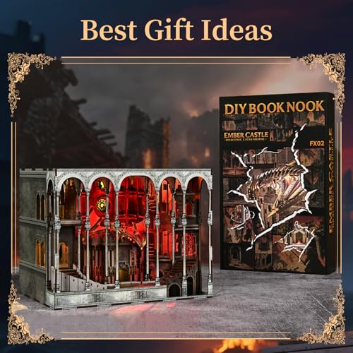MiniCity Book Nook Kits for Adults - Book Nook Kit Bookshelf Decor DIY Miniature House Kit for Bookshelf - Craft Kits for Adults Booknook Model Kits Tiny House Arts and Crafts (Ember Castle) | 596-piece wood/paper/plastic kit with LED and dust cover; glue