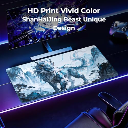 Lion Gaming Mouse Pad, XXL Chinese Landscape Desk Mat 31.5X15.7 | HD Print, Non Slip Rubber Base, Waterproof Fabric Top, Stitched Edges, Ideal Gift for Dorm, Home, Office & Back to School - color: Iceblue