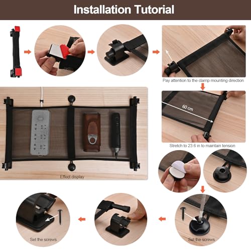 HX AURIZE Under Desk Cable Management Net – Flexible Wire Organizer with Side Rods & Center Hooks – Elastic Mesh Kit for Standing & Office Desks – Adhesive Positioning and Screw Lock Black