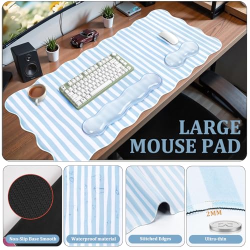 L-SPOUTTO Blue Striped Mouse Pad Set,Scalloped XXL Desk Mat + Ergonomic Mouse Wrist Rest + Gel Keyboard Wrist Rest for Keyboard 65%/75%,3in1 Large Desk Pad for Desktop Home Office Computer Game - color: Blue Striped