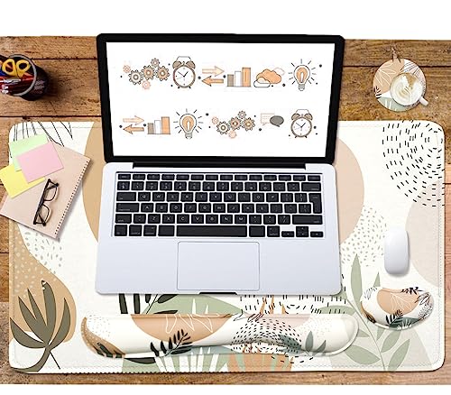 4-in-1 Large Mouse Pad, Keyboard Wrist Rest Pad & Wrist Support Mousepad Set, Extended Desk Pad Waterproof Desk Mat for Home Office Study Game - Leave - color: Leave