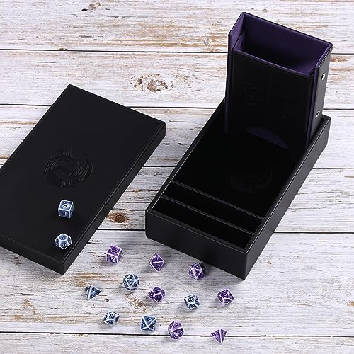 DND Dice Tower and Tray Set with Non-Scratch Felt Lined Rolling and Velvet Surface - Folding Auto Dice Roller Dice Rolling Tower for RPG Board and Table Games - color: Balck Bule