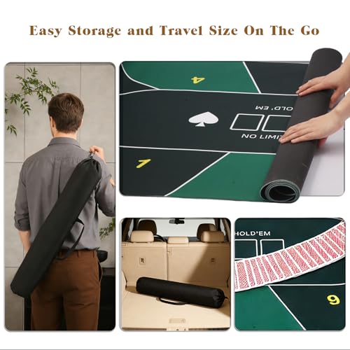 Poker Table Top Mat 70"x35" Blackjack Poker Mat with Non Slip Rubber Backing and Carry Bag for Home Poker Card Game Night Up to 10 Players (Green) - color: Green