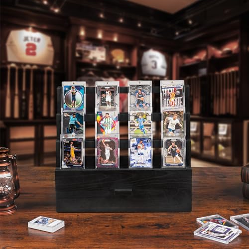 Emfogo Trading Card Display, 3-Tier Card Display Case with Custom Drawer, Wood Graded Card Display with Supporters and Dividers, Sports Card Display Case for Collection (Black) - color: Black