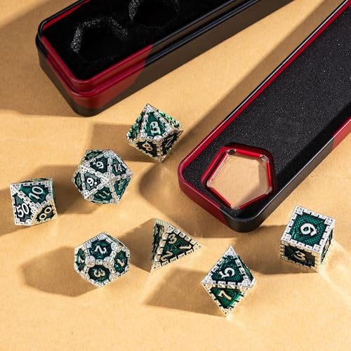 UDIXI Metal DND Dice Set, 7PCS Polyhedral Metal Dice Set D&D Dragon with Gift Box for Role Playing Games and Other Tabletop Game (Silver Green) - color: Chain Frame-silver Green