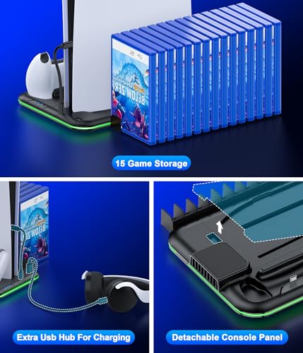 PS5/PS5 Slim Stand and Cooling Station with Controller Charging Station for Playsation 5, PS5 Accessories Kit Incl. 3 Levels Cooling Fan, LED, 15 Game Slot, Headset Holder for PS5 Digital/Disc Console - size: S-for PS5/Slim