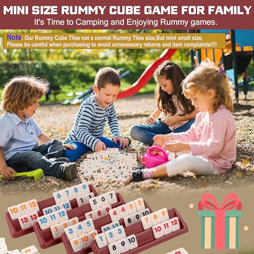 Smilejoy Mini Rummy Cube 4 Players Edition,Travel Rummy Game Set with Portable Canvas Bag,Classic Board Game for Adults and Kids |106 Tiles | 4 Playing Racks |1 Dice | (2-4 Player) | Travel carry bag,4 Hold racks, 2 jokers, 106 Color Melamine tiles, Trave