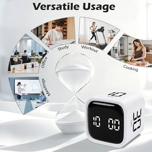 Pomodoro Timer Cube, Productivity Visual Timer Flip, 5/10/30/60 Min Preset Custom Countdown, ADHD Tool Rotating Countdown Stopwatch, Vibrate/High/Low Volume, for Study, Work, Game, Kitchen-White - color: White