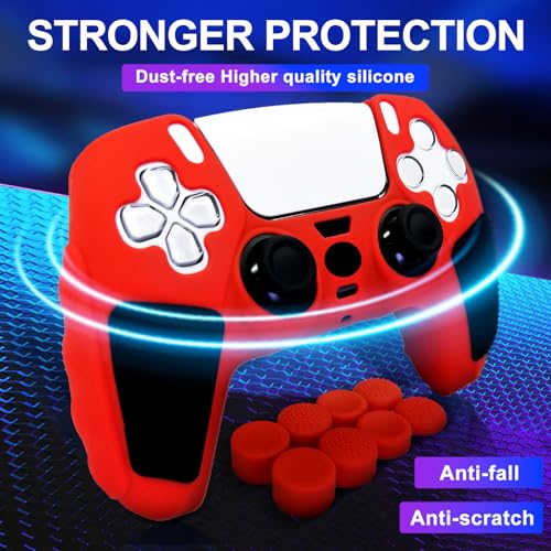 Anti-Slip Red PS5 Controller Skin,Soft Thicken Studded Protective Silicone Cover Skin Grips Compatible with PS5/Slim/Pro Controller and 8 PCS Thumb Grips Caps. - color: Red&Black