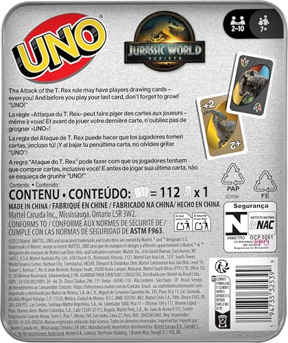 Mattel Games UNO Jurassic World Rebirth Card Game in a Collectible Tin for Kids, Adults & Family with Special Rule & Images Inspired by the Movie - style: UNO Jurassic World