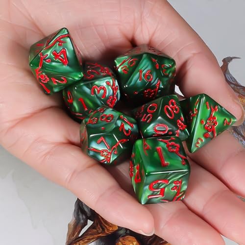 CiaraQ 7pcs Polyhedral Dice Set for Dungeon and Dragons MTG Table Games | Acrylic Role Playing Dice for D&D with Black Velvet Bag β Green Pearl with Red Numbers & Plum Blossom Patterns - color: Green and Red Floral Dice