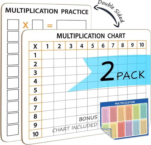 SCRIBBLEDO Multiplication Chart Dry Erase Boards 9x12 Double Sided, 2 Pack | Masonite Math Practice Lapboards with Times Tables Multiplication for Grade 3-5, Easy to Clean No Residuals, Crisp Whiteboard - style: 2 Boards