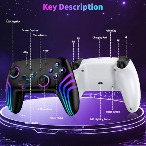 VidPPluing 2 Pack Switch Controllers, RGB Switch 2 Controller for Nintendo Switch/Switch 2/Lite/OLED, Wireless Pro Controller with Motion Sensor/Dual Vibration/Turbo/Wakeup - color: Black & White