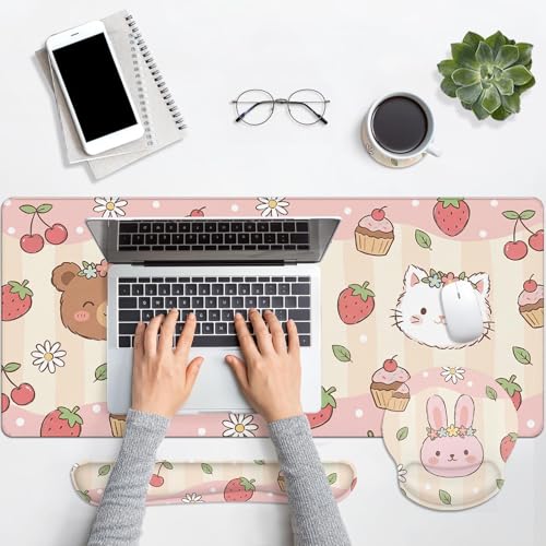 Arttown Keyboard Mouse Pad Set, 4 in 1 Desk Mat Set Strawberry Kawaii | Pink Animal Large Mousepad+Keyboard Wrist Rest+Mouse Wrist Rest+Coaster Ergonomic Design for Home Office Computer - color: Cute Animal