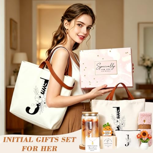 DHQH Birthday Gifts for Women, Monogrammed Gifts Box Included 16 oz Initial Glass Drinking Cup,Canvas Tote Bag, Personalized Iced Coffee Tumbler Gift for Women Her Mom Teacher Friends Sister, J - color: letter-cup-j