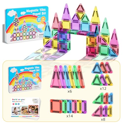 Mini Magnetic Tiles for Kids Travel: 40 PCS Pocket Magnet Building Blocks in Tin Box to Stop Crying - 60 Mins Quiet Play at Church Restaurant - Boys Girls Age 3-8 - style: Candy Color 40PCS