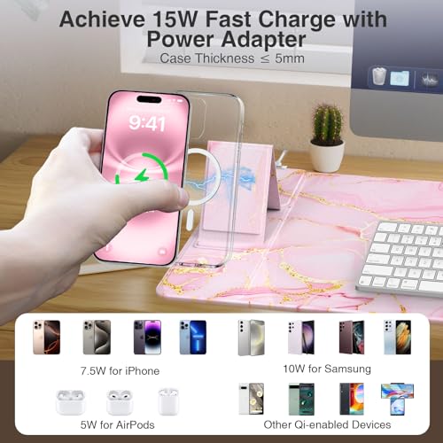 Wireless Charging Mouse Pad with Phone Holder, 31.5"x15.8" in, Pink Marble | Large Desk Mat for Laptop/Keyboard, Waterproof Ultra-Smooth Surface, Non-Slip Base - color: Pink Marble-Phone Holder-31.5"x15.8"