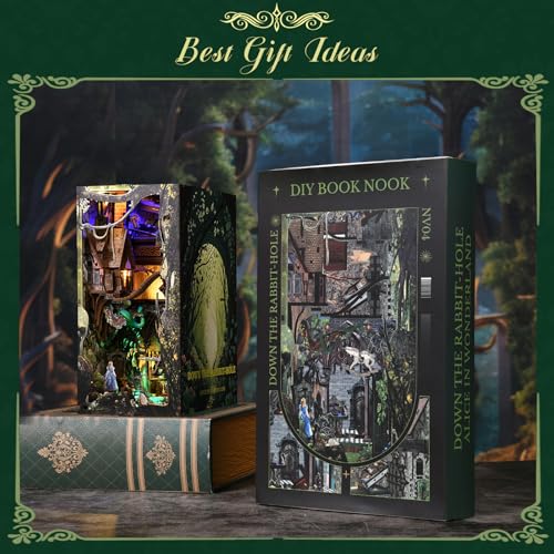 MiniCity Down the Rabbit Hole Book Nook Kit, DIY 3D Wooden Puzzle with LED | 7.1 x 4.3 x 9.1 in; 400 pieces, LED and dust cover; glue/tools and guide included; 8-10 hr DIY build for display, ages 14+. - style: Down The Rabbit-Hole Alice in Wonderland