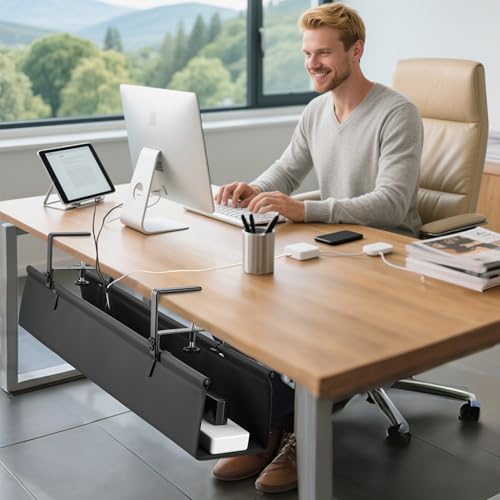 Desk Cable Management Tray, Fabric Cable Organizer, No Drill Large Clamp/Screw Mount Wire Organizer-Support Up to 30lbs, Standing Desk Cable Management for Office Home (Black,28 Inch)