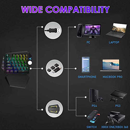 One-Handed RGB Mechanical Gaming Keyboard,Upgrade Multimedia Knob USB Wired Professional Gaming Keypad with Macro Function, Detachable Wrist Rest For PC/Xbox/PS4 (Black/Blue Switch)