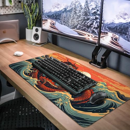 Wave Sea Dragon Gaming Mouse Pad,Anime Mouse Pad Gaming 31.5 x 11.8 in Mouse Mat Desk Pad,Extended Keyboard Pad Large Desk Mat Mousepad with Non-Slip Base and Stitched Edge for Home Office - color: Japanese Waves Sea Dragon