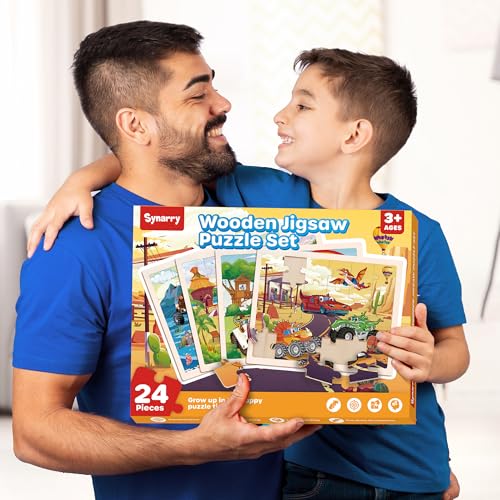 SYNARRY Large Wooden Monster Truck Puzzles for Kids Gift Box(12.2*9.4 in), 24 Piece Puzzles for Toddlers 3-5, Wood Jigsaw Puzzles for Kids Ages 4-6, Easter Basket Stuffers Gifts for Kids - style: Vehicle