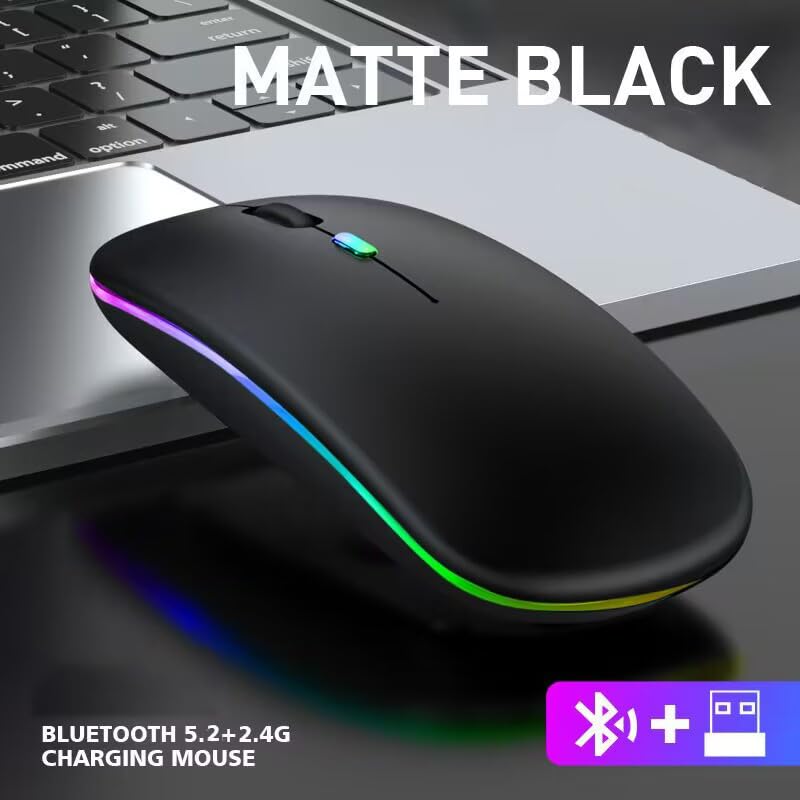 Guiheng Wireless Bluetooth Mouse,LED Dual Mode Rechargeable Silent Slim Laptop Mouse,Portable(BT5.2+USB Receiver) Dual Mode Computer Mice,for Laptop,Desktop Computer,ipad Tablet,Phone,TV (Black) - color: black