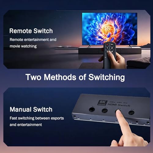 HDMI 2.1 Switch, 8K HDMI Switcher 4 in 1 Out 8K@60Hz 4K@240Hz HDMI 2.1 Switcher Selector with Remote Support CEC 3D HDR HDCP2.3 Dolby Vision/Atmos for PS5/4 Xbox Nintendo Switch Fire Stick