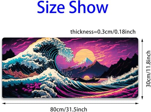Simpkeely Japanese Sea Wave Mouse Pad, Blacklight Kanagawa Waterproof Gaming Extended Large Desk Pad Long Computer Keyboard Big Mouse Mat with 3mm Non-Slip Rubber Base for Office Home - 31.5" x 11.8" - color: Japanese Sea Wave