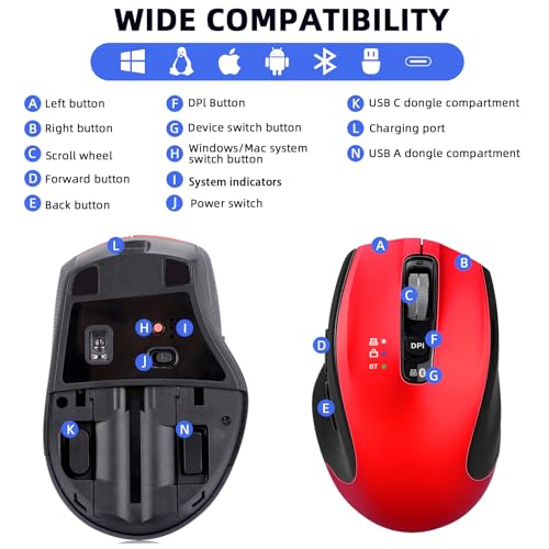 Wireless Bluetooth Mouse with USB-A, USB-C Receiver, Rechargeable, 3-Device, Full-Size, Silent Click, Ergonomic Mice for MacBook/Laptop/Computer/Tablet/PC/iPad-Red - color: Red