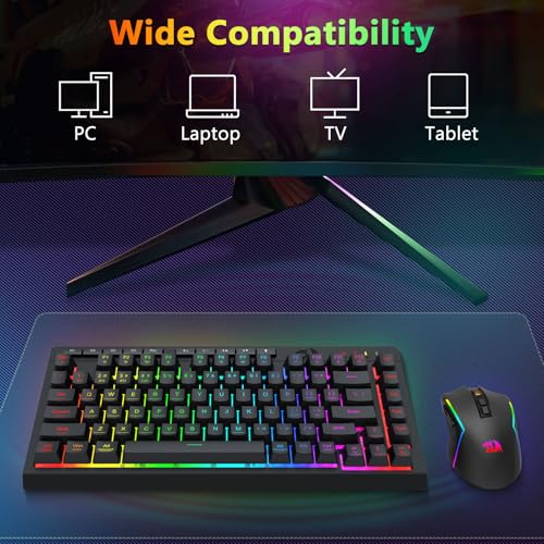 Redragon Wireless Gaming Keyboard and Mouse Combo, Bluetooth/2.4G/USB-C Wired, RGB Backlit, 75% Portable Quiet Rechargeable Macro Membrane Keyboard & 12800 DPI Mouse with Software for Win/MAC - color: Gaming Combo