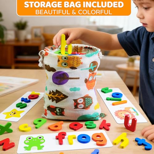 BEESTECH Alphabet ABC Learning Educational Toys for 3 4 5 Years Old Boys Girls, Wooden Puzzle Flash Cards Preschool Activity Letter Matching Games for Kids Toddlers