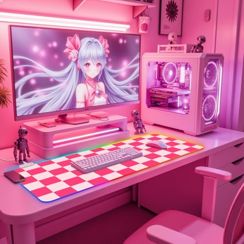 RGB Gaming Mouse Pad I Large Mousepad with 14 Led Modes I Keyboard Pad Gaming Desk Mat I Non-Slip Rubber Base Mouse Mat I 900x400x4mm Waterproof Mousepad for Gaming PC MacBook I Pink Checkered - color: Pink Checkered