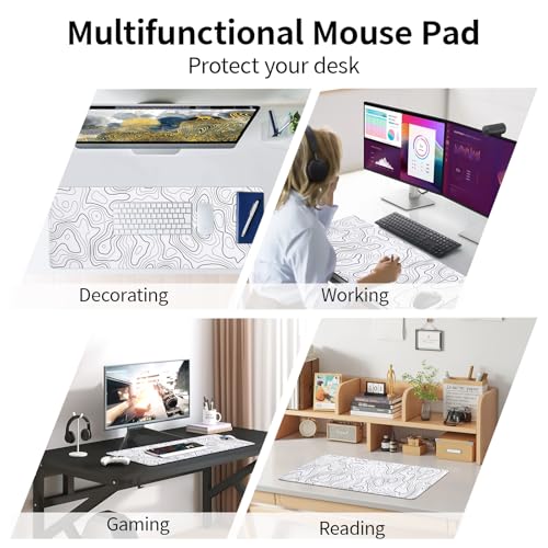 White Mouse Pad, Topographic Mouse Pad for Desktop | Large Gaming Mousepad, Stitched Edges & Non-slip Base, XL Long Mousepad for Desktop Office Gaming Home - color: Topographic Contour