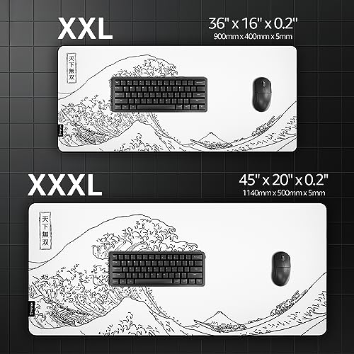Hystar® Extended Gaming Mouse Pad | XXL 36" x 16" | 5mm Thick, Waterproof Surface, Smooth Polyester Fabric, and Natural Rubber Base | The Great Wave (White) - color: White, size: 36L x 16W inches