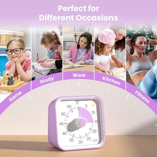 Visual Timer for Kids, Cute Timer with Pause Function, Purple | Time Management for Classroom, ADHD, Kitchen, Toddlers, Study, Alarm 3 Volume Levels, Light Indicator, Easy to Use - color: Purple