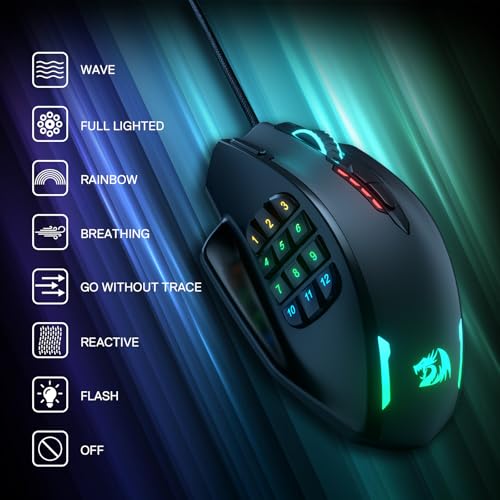 Redragon M908 Wired MMO RGB Gaming Mouse 12400 DPI Remapping Keys | Stable Lag-Free Connection, Redefine Keybinding Macro, Vibing Backlight, Ergonomic Grip Body Comfort - color: Black, style: Wired M908