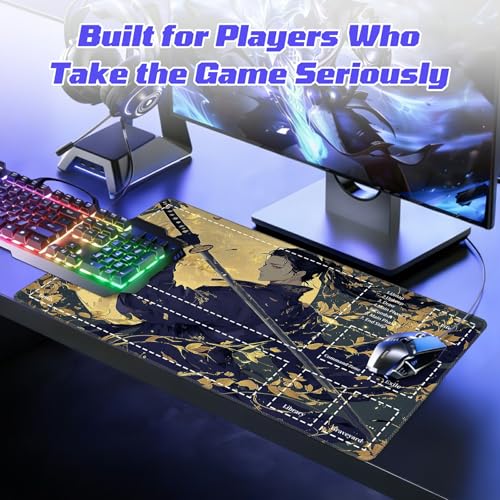 Classical-Style Hero TCG Playmat with Zones, Card Game Playmat for MTG with Battlefield Lands Graveyard Layout, Non-Slip Rubber Base & Stitched Edges & Smooth Surface Style Game Mat 24 x 14 Inch - color: Classical-style Hero, size: Zone 1