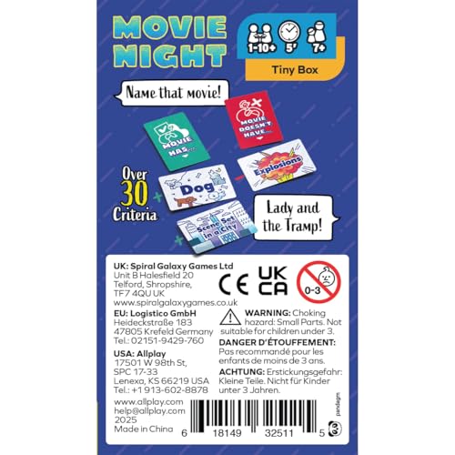 Allplay Movie Night Card Game, 34 Description Cards, Ages 7+, 1-10 Players | Build a Winning Hand by Discarding & Drawing Cards | Shout 'Panda Panda!' to Win | Fits in Your Pocket