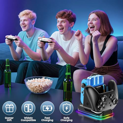 Switch 2/1 Compatible Controller Charging Dock, 6-in-1 Charger Station for 4 Joy-Cons & 2 Pro Controllers, 9 RGB Modes Fast Charging Stand for Switch 2 Accessories, with LED Indicator - size: L-Black-Switch 2/1 & Pro