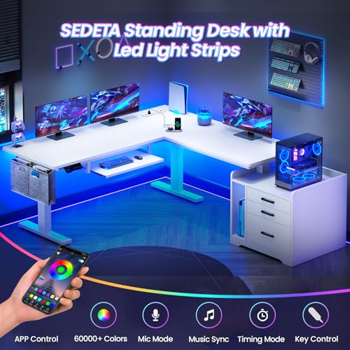 SEDETA L Shaped Standing Desk with File Cabinet, 3 Drawers, Power Outlet | 63 x 53'' Electric Height Adjustable Gaming Computer Desk with Led Lights for Home Office, Gaming Room, White - color: White, size: 63 x 53'' L Shaped Standing Desk