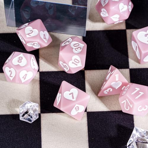 7 Piece Pink DND Dice Set, Heart Resin Polyhedral Dice Set for D&D Role Playing Game and Other Tabletop Games - color: Heart/Pink
